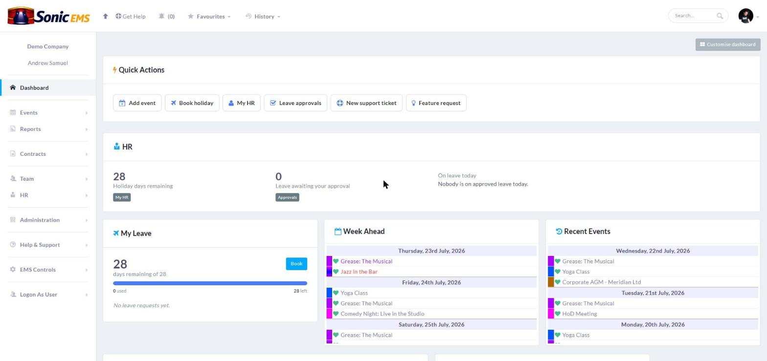 The Sonic EMS dashboard showing today’s events, tasks and who is on site